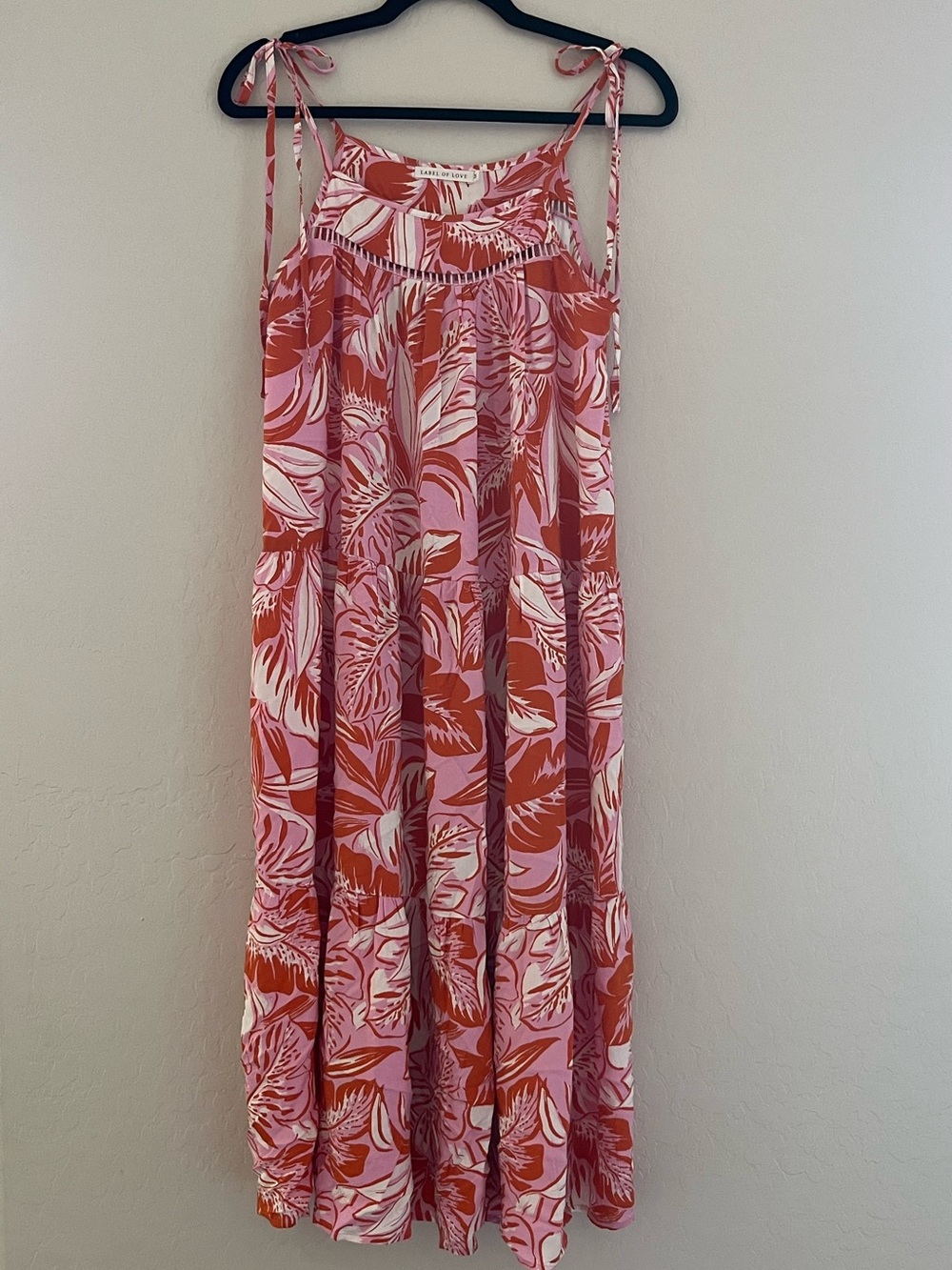 LABEL OF LOVE Tiered Pink & Red Tropical Print Maxi Skirt, M